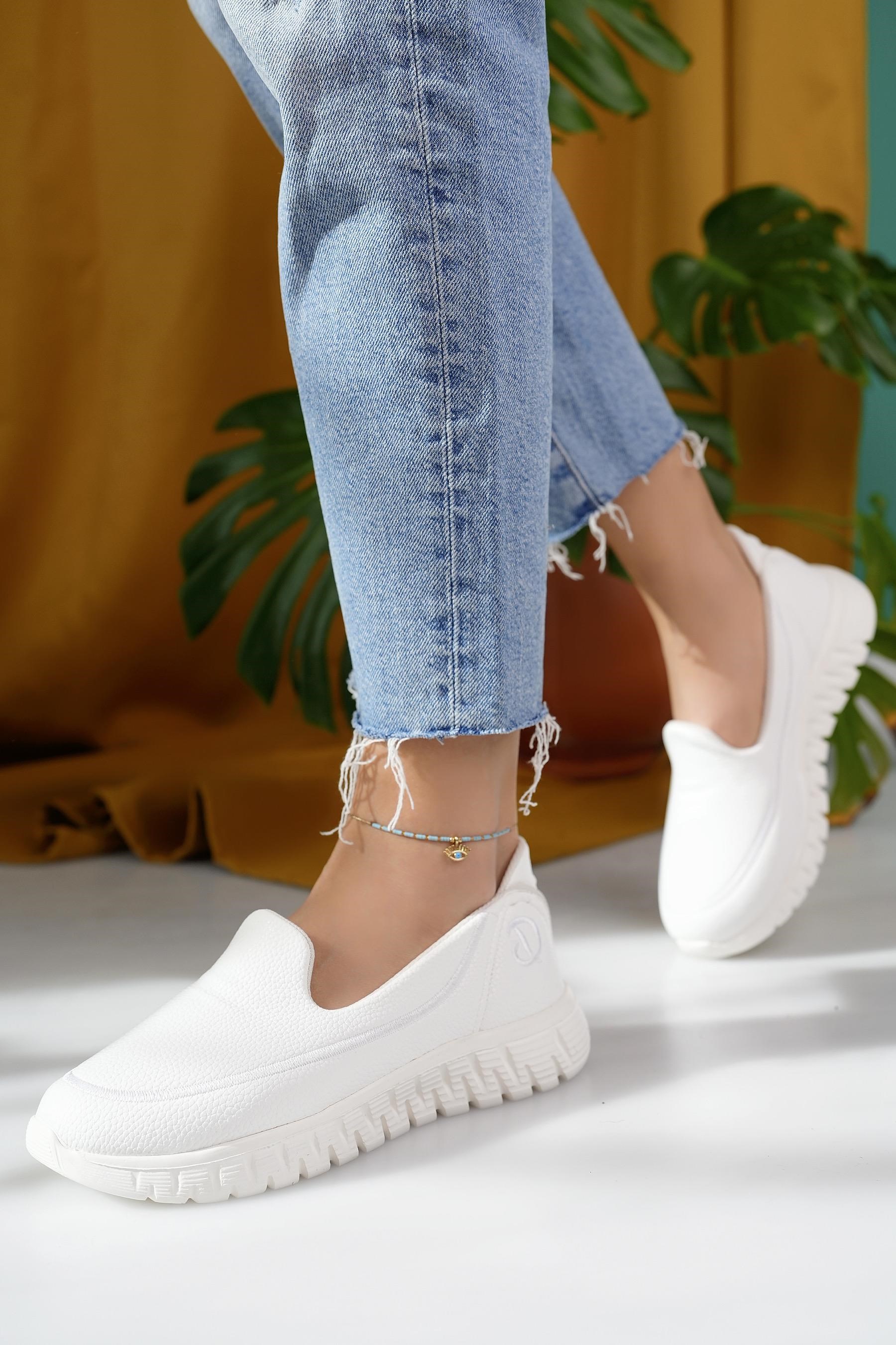 Nesil Shoes Dvm 810 Beyaz Baskı Faylon Taban Kadın Yürüyüş Ayakkabısı