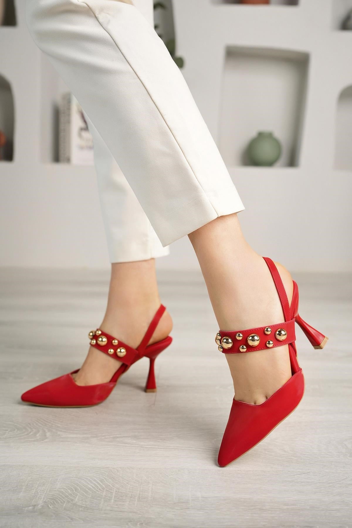 Nesil Shoes Fls 660 Kırmızı Saten  9cm Topuklu Kadın Sandalet