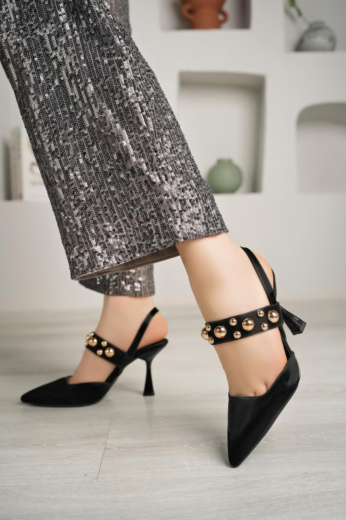 Nesil Shoes Fls 660 Siyah Saten  9cm Topuklu Kadın Sandalet