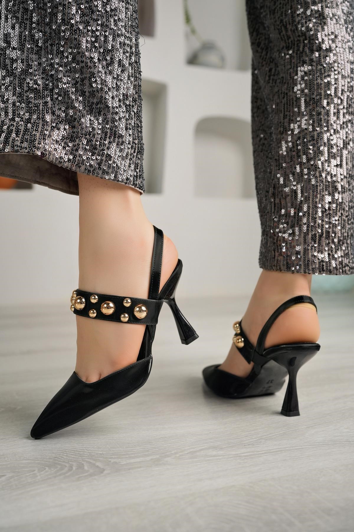 Nesil Shoes Fls 660 Siyah Saten  9cm Topuklu Kadın Sandalet
