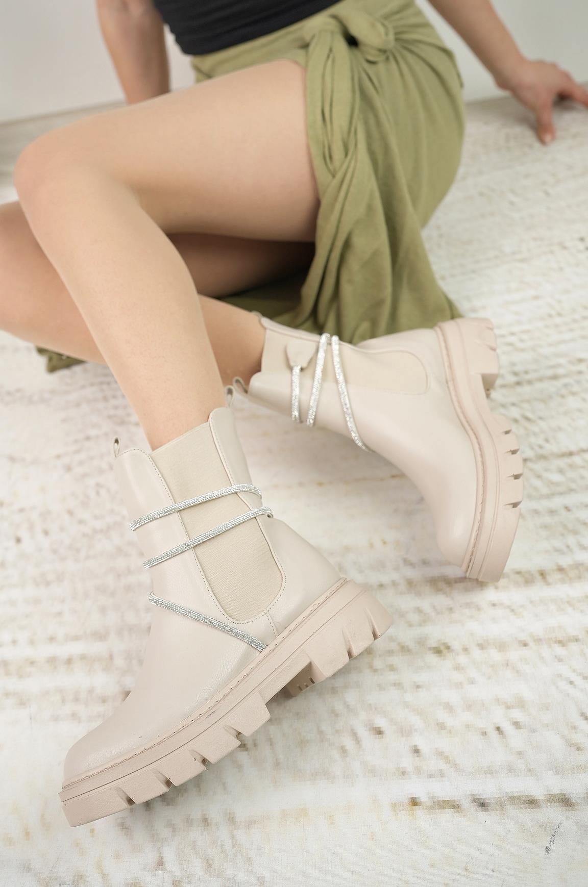 Nesil Shoes Fncy 205 Bej Çift Lastikli Kadın Bot