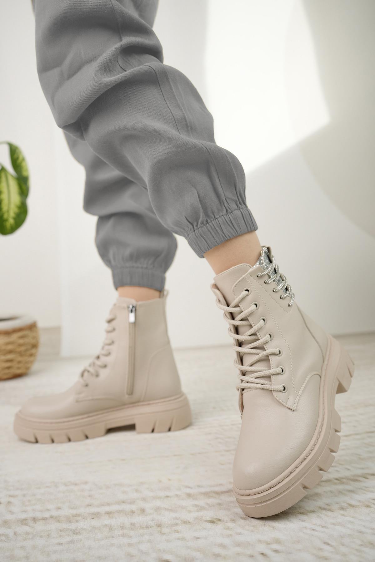 Nesil Shoes Fncy 206 Bej Fermuarlı Kadın Bot