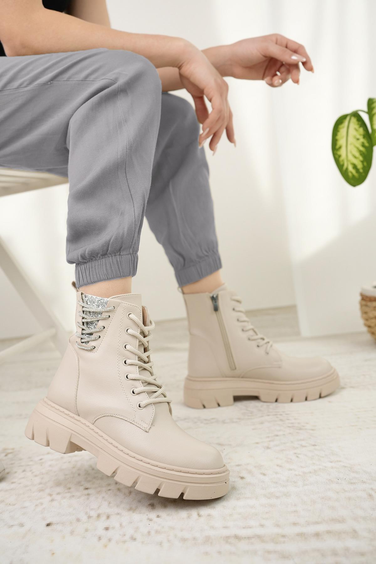 Nesil Shoes Fncy 206 Bej Fermuarlı Kadın Bot