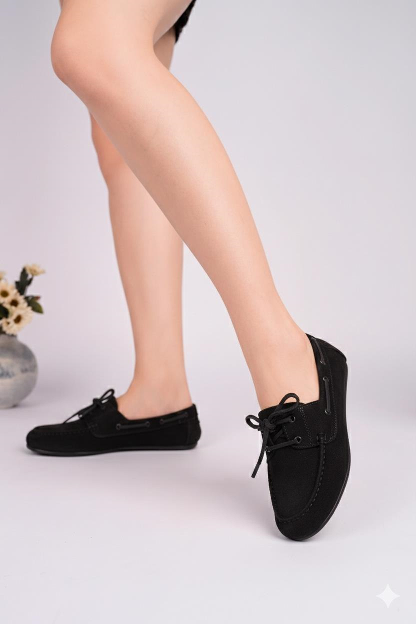 Nesil Shoes Gabbel 300 Siyah Süet Bağcıklı Kadın Babet