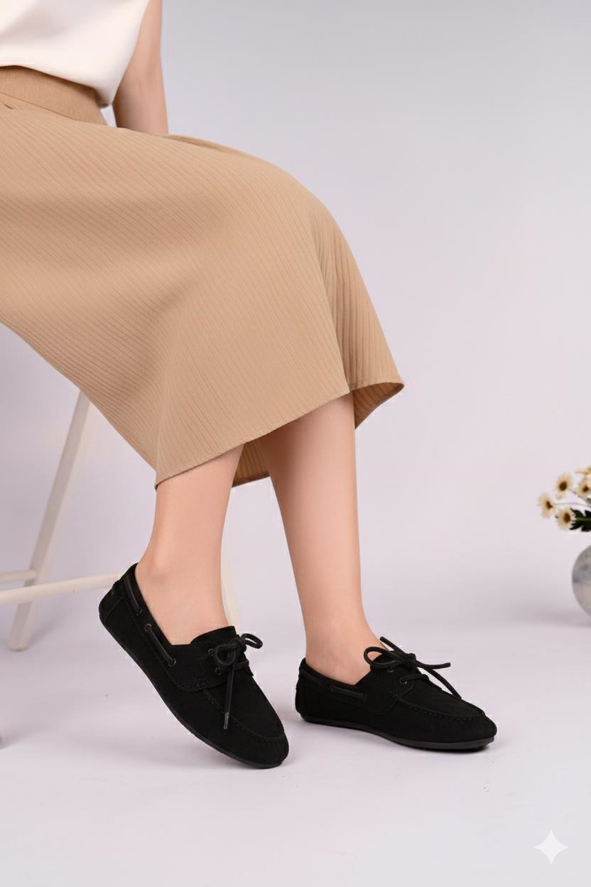 Nesil Shoes Gabbel 300 Siyah Süet Bağcıklı Kadın Babet