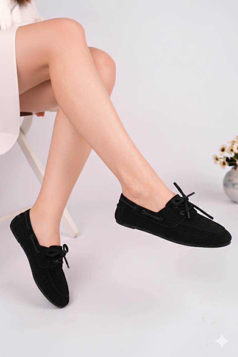 Nesil Shoes Gabbel 300 Siyah Süet Bağcıklı Kadın Babet