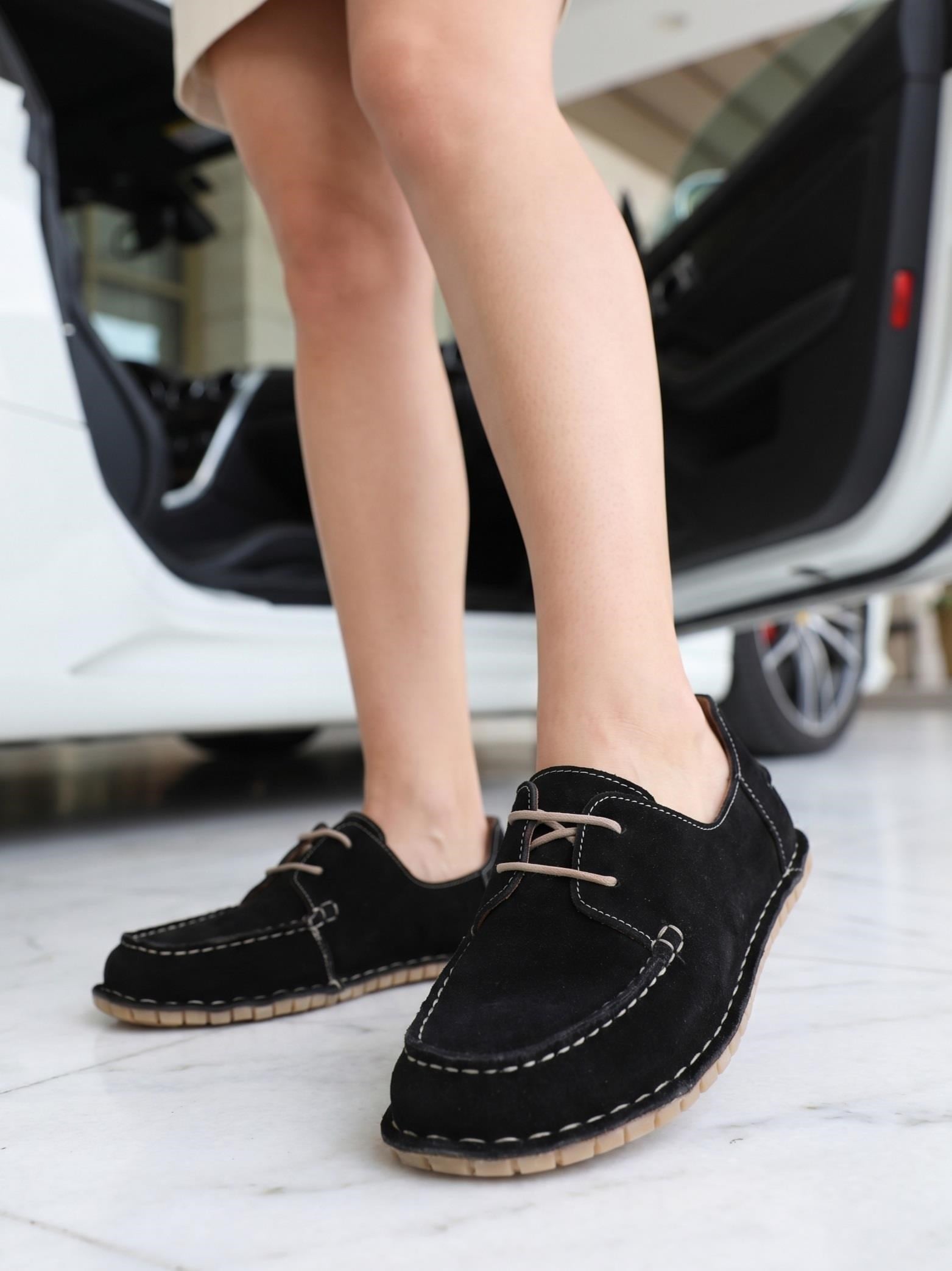 Nesil Shoes İzel 152 Siyah Süet Hakiki Deri Kadın Ayakkabı