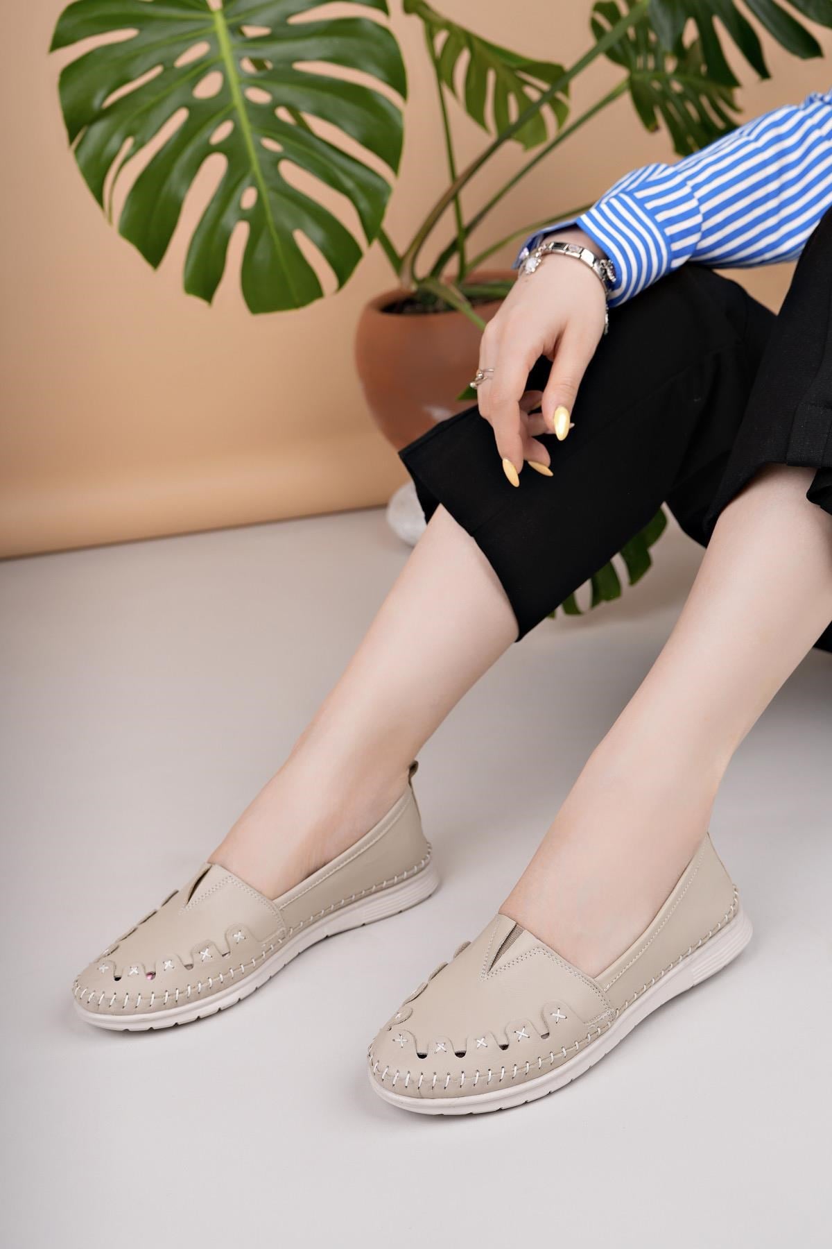 Nesil Shoes Knc 022 Bej Hakiki Soft Deri Kadın Ayakkabı