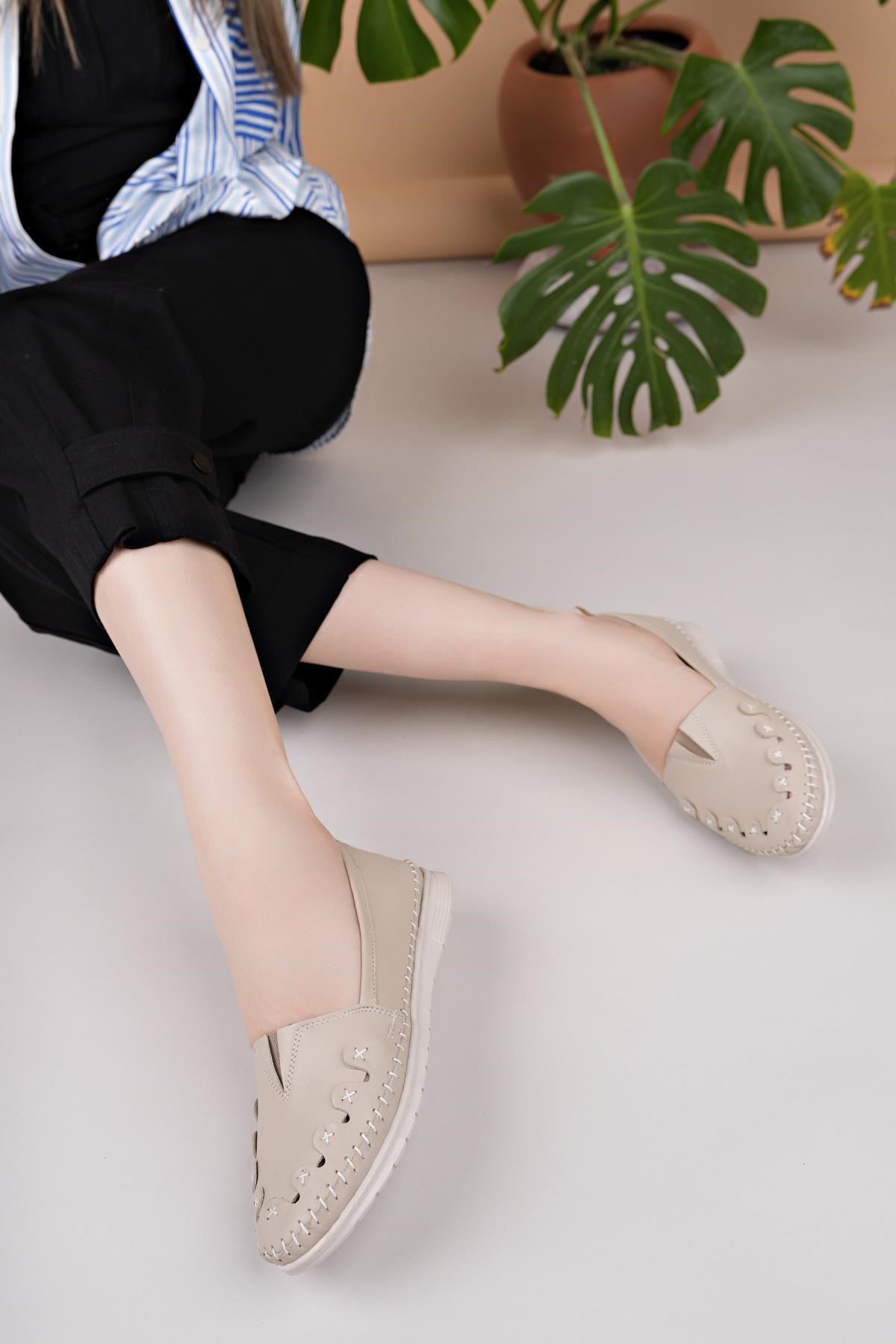 Nesil Shoes Knc 022 Bej Hakiki Soft Deri Kadın Ayakkabı