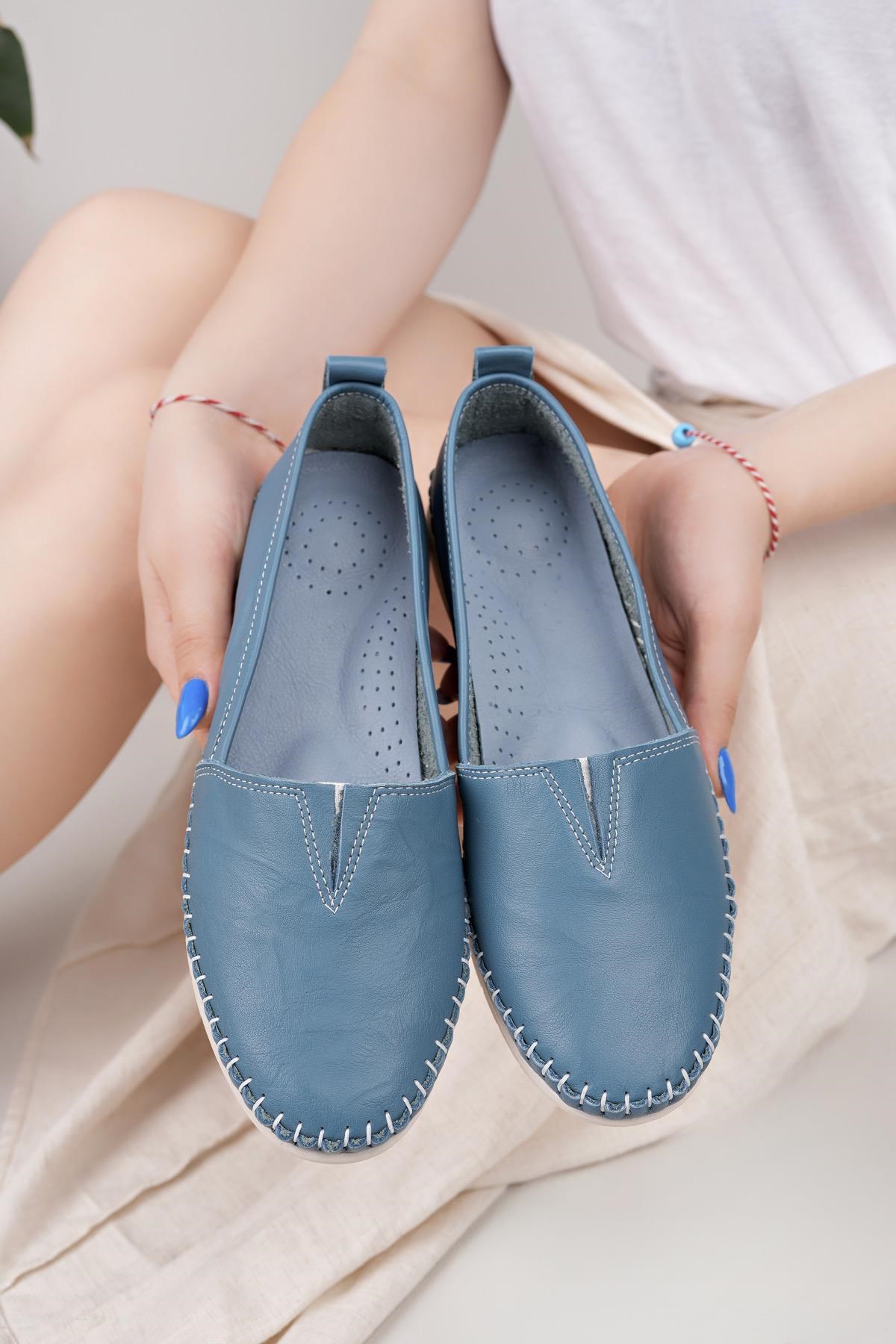 Nesil Shoes Knc 033 Mavi Hakiki Soft Deri Kadın Ayakkabı