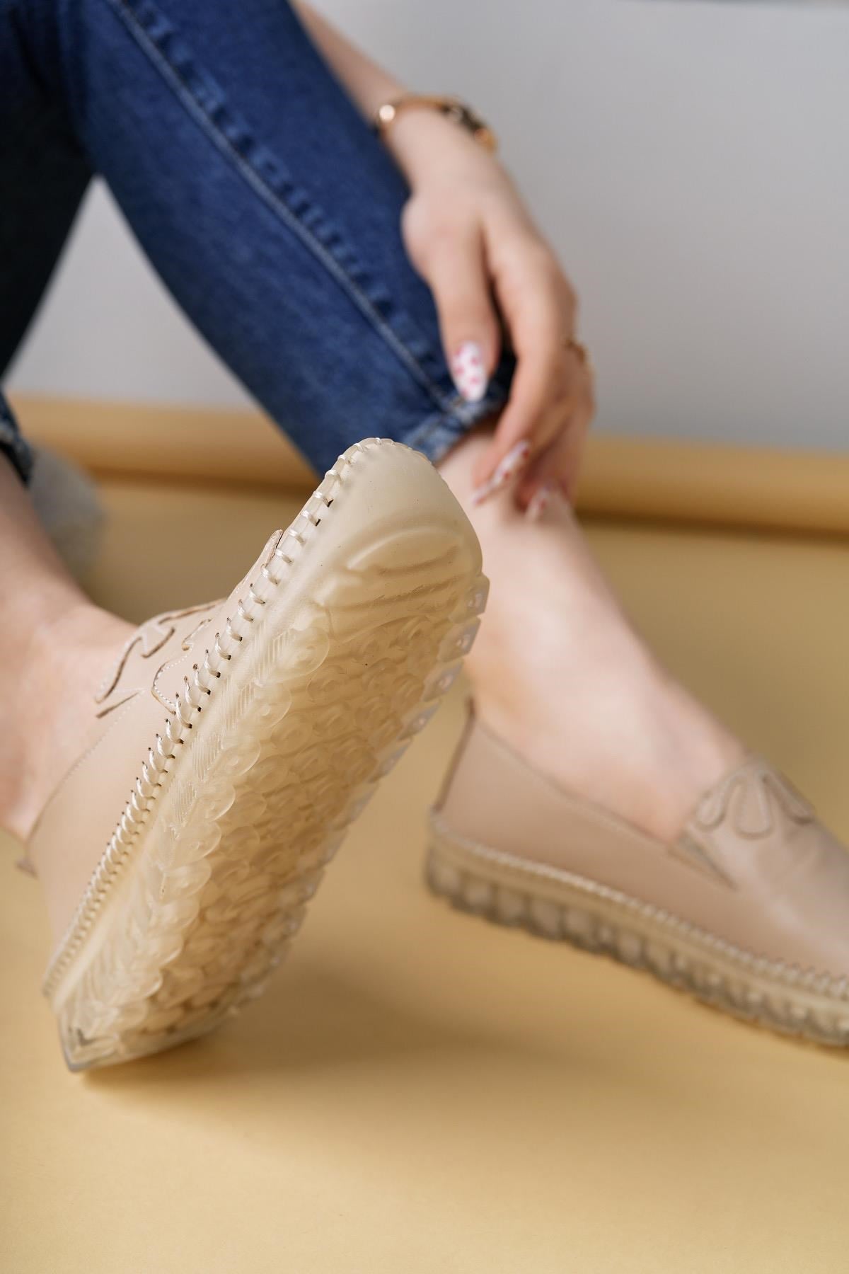 Nesil Shoes Knc 10 Bej Hakiki Deri Şeffaf Taban Kadın Ayakkabı