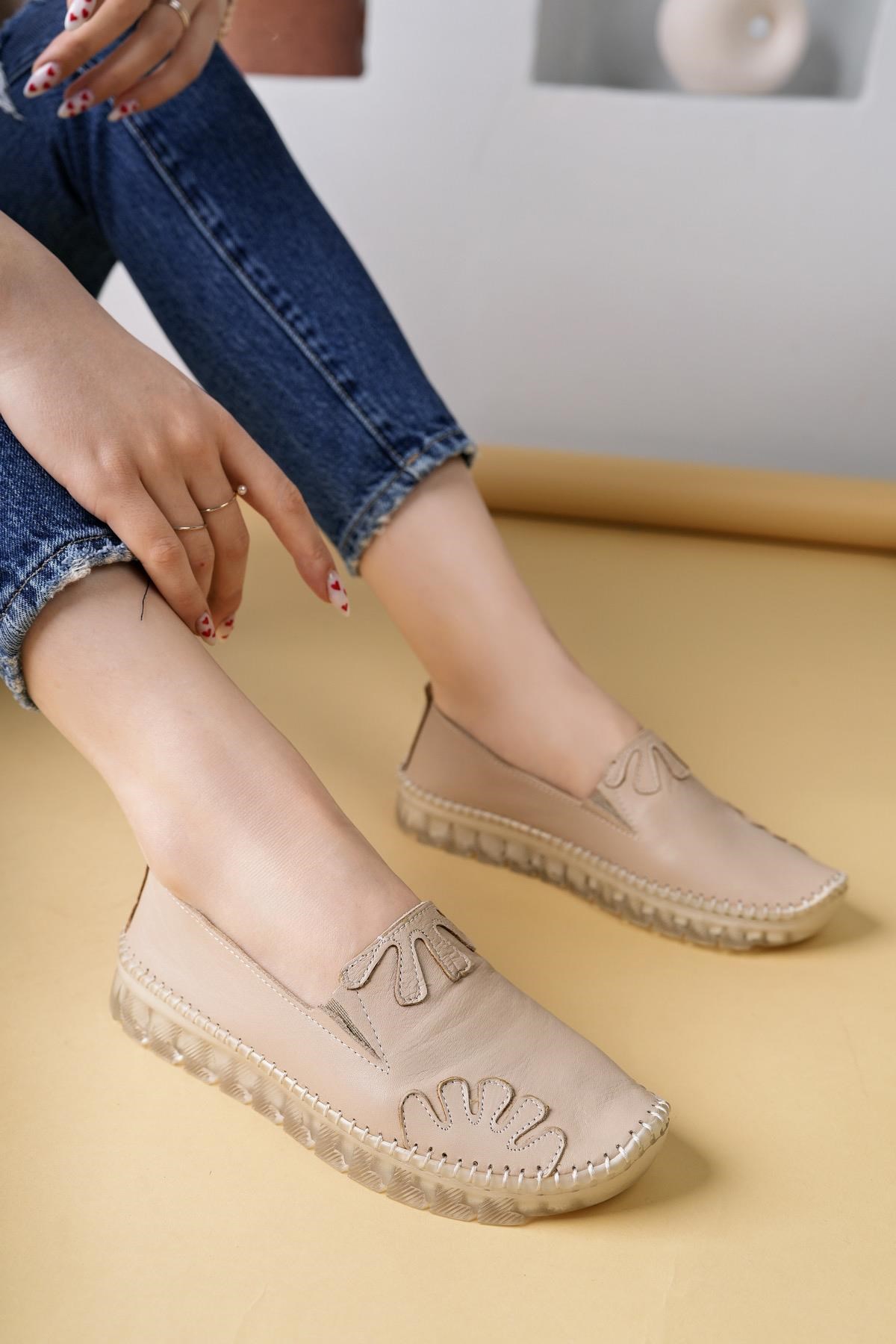 Nesil Shoes Knc 10 Bej Hakiki Deri Şeffaf Taban Kadın Ayakkabı