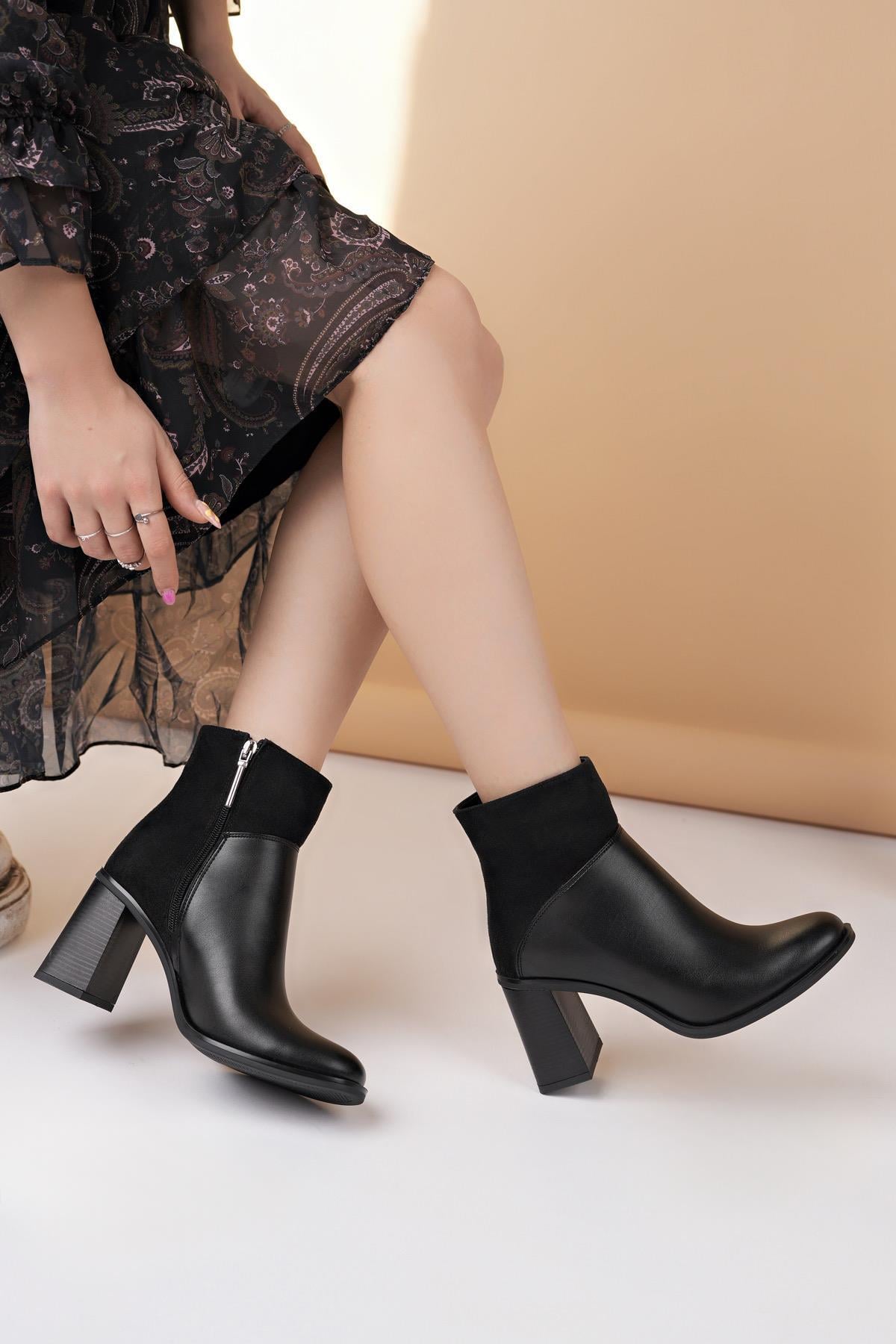 Nesil Shoes Mddm 1012 Siyah Garni Süet Topuklu Kadın Bot
