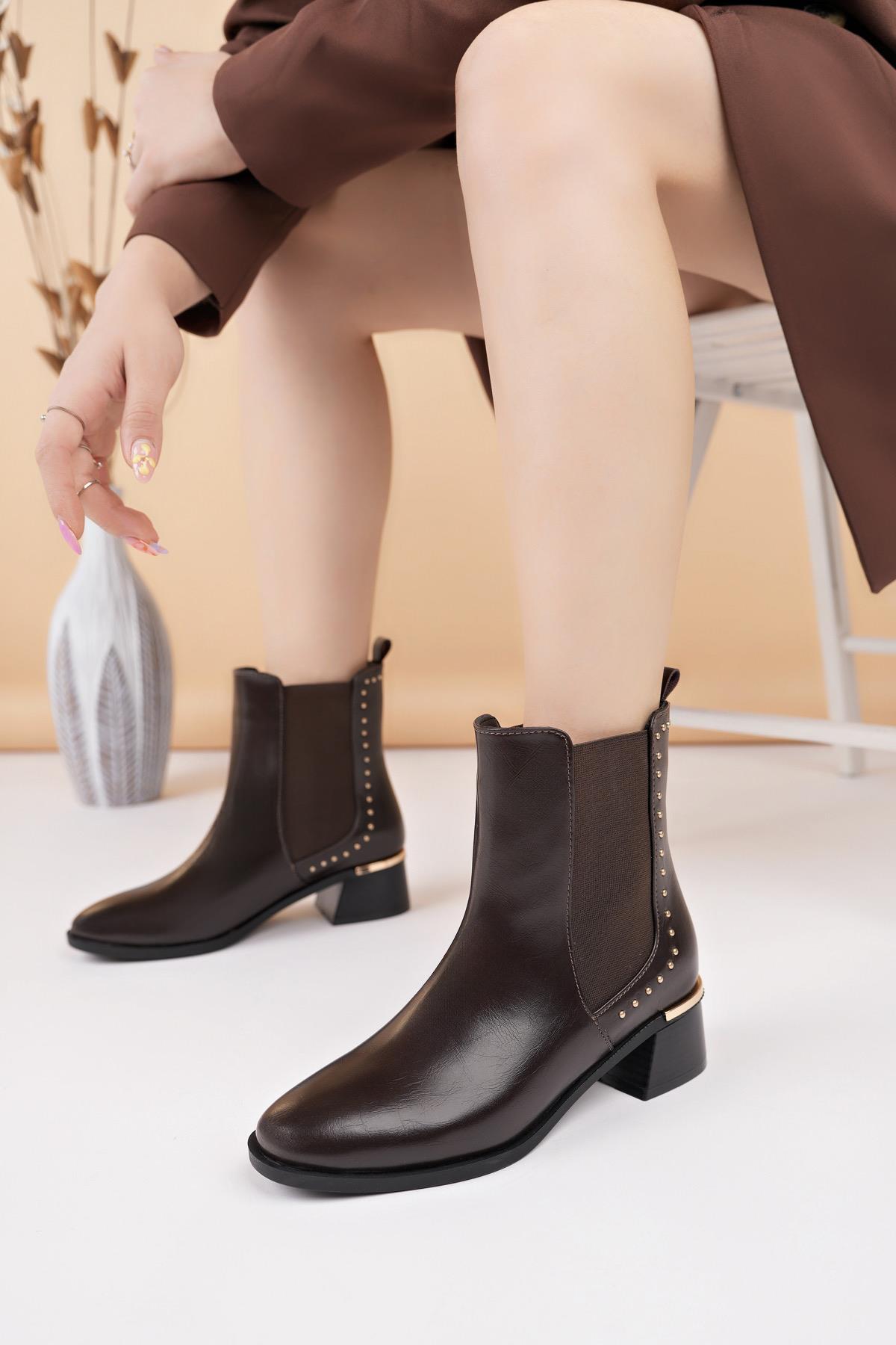 Nesil Shoes Mddm 9782 Kahve Lastikli Topuklu Kadın Bot