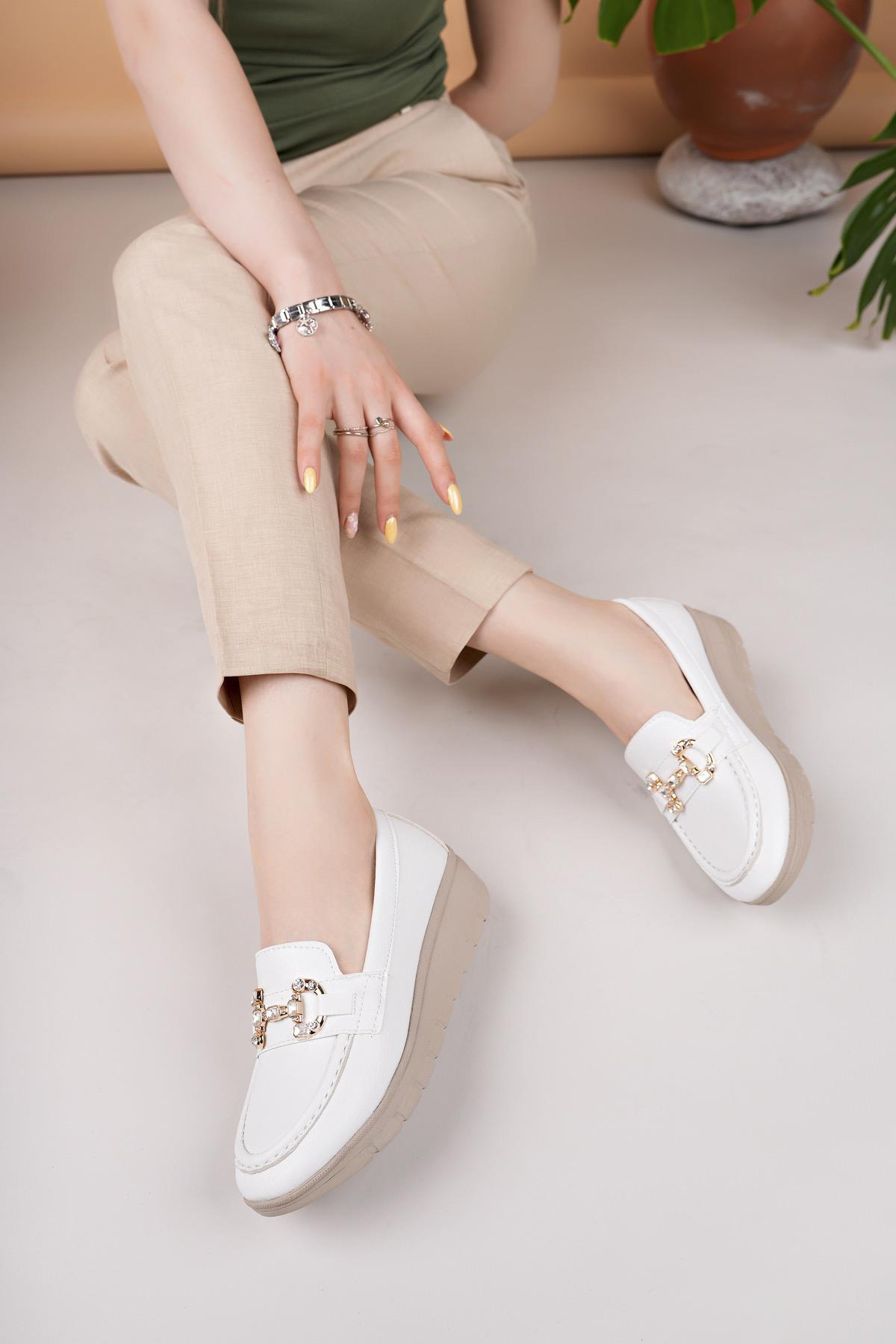 Nesil Shoes Neyna 1047 Beyaz Dolgu Topuk Kadın Ayakkabı