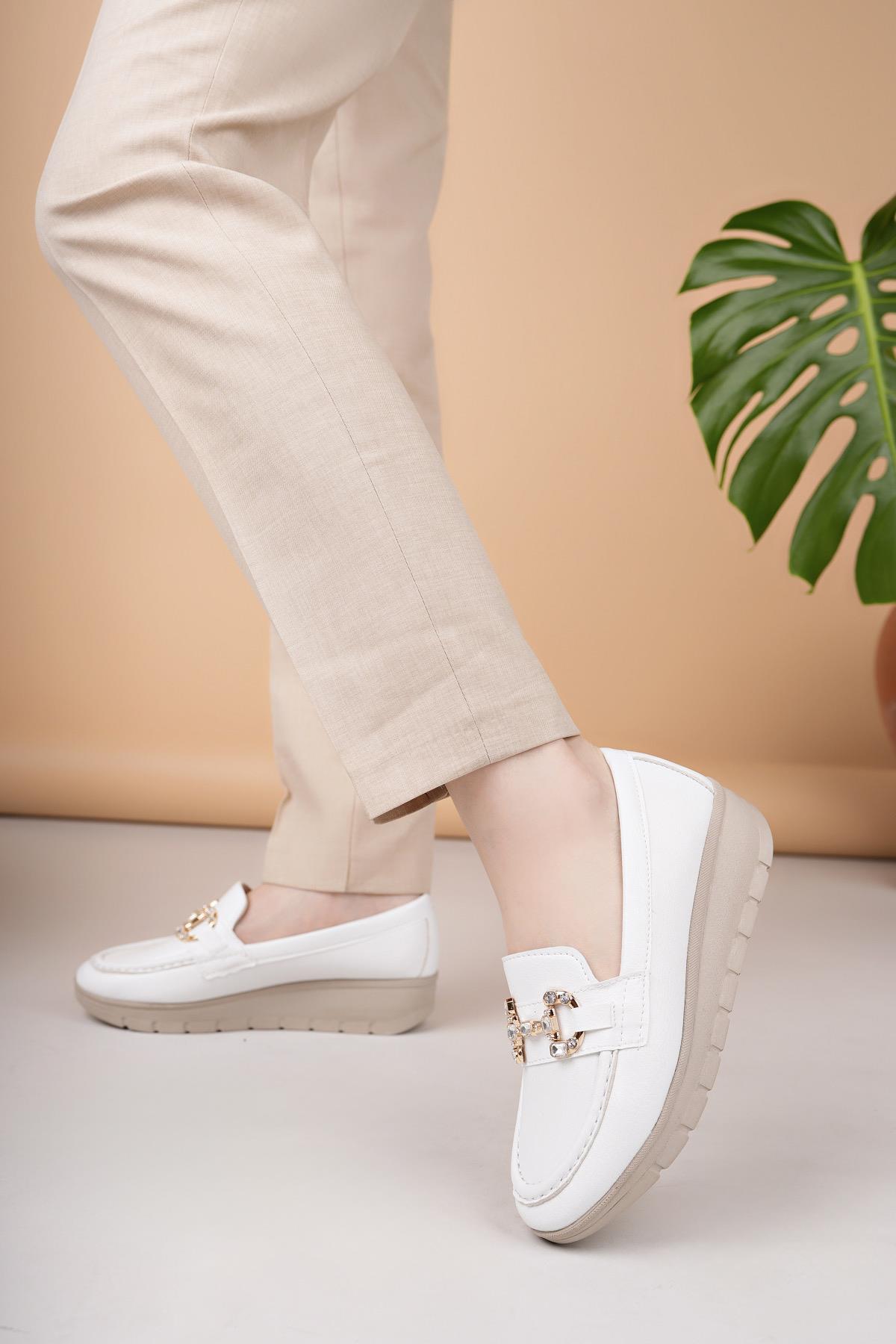 Nesil Shoes Neyna 1047 Beyaz Dolgu Topuk Kadın Ayakkabı