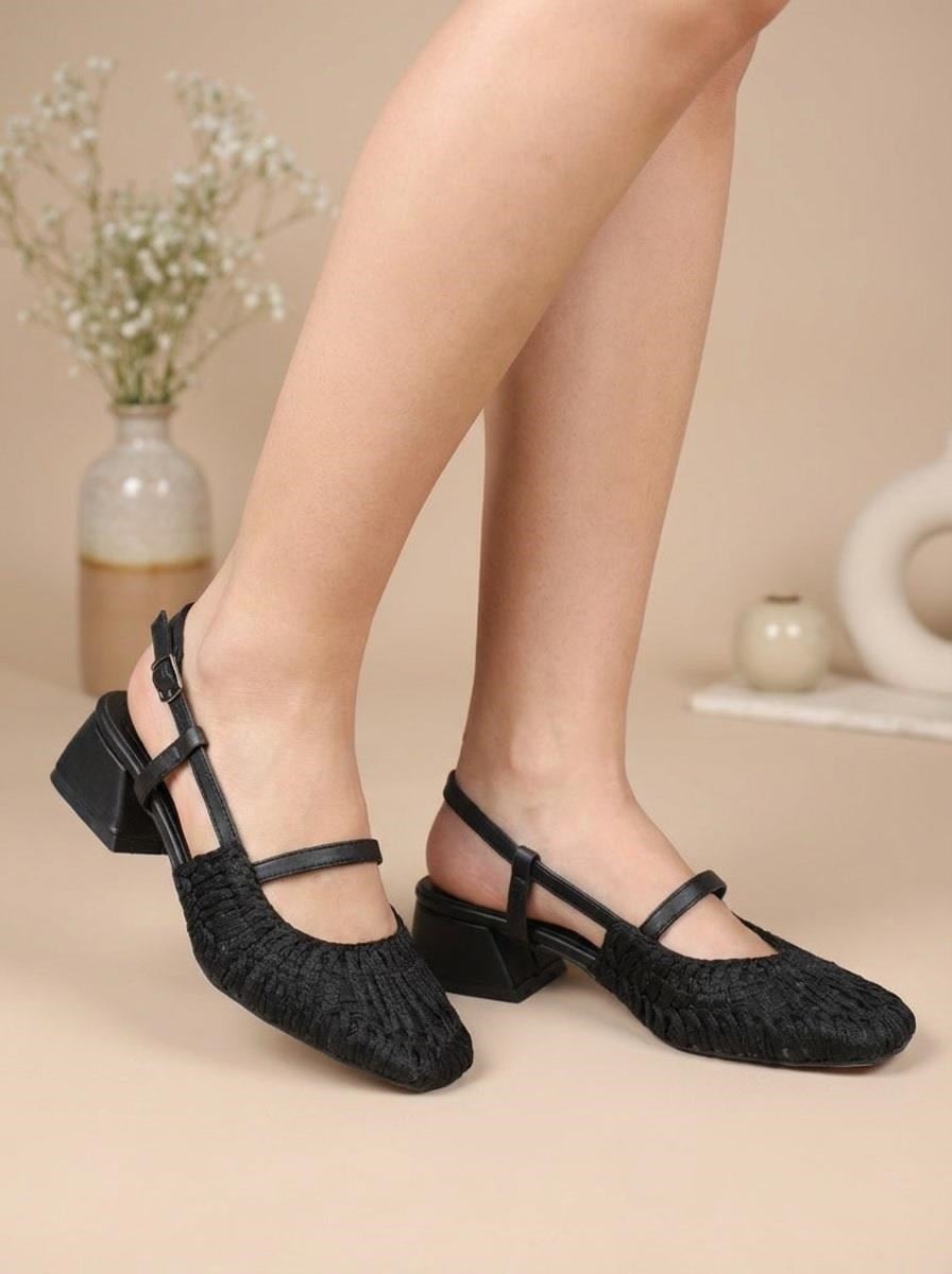 Nesil Shoes Pine 2023 Siyah Topuklu Örgü Kadın Sandalet