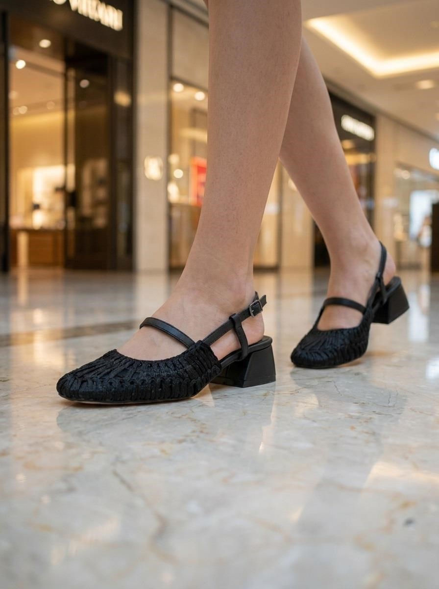Nesil Shoes Pine 2023 Siyah Topuklu Örgü Kadın Sandalet