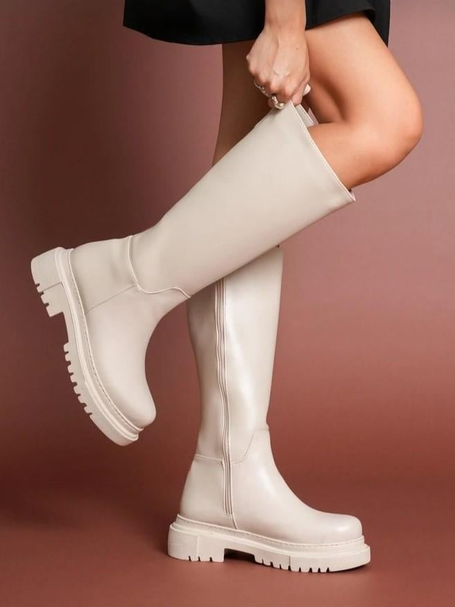 Nesil Shoes Toz 1978 Bej Fermuarlı Günlük Kadın Çizme