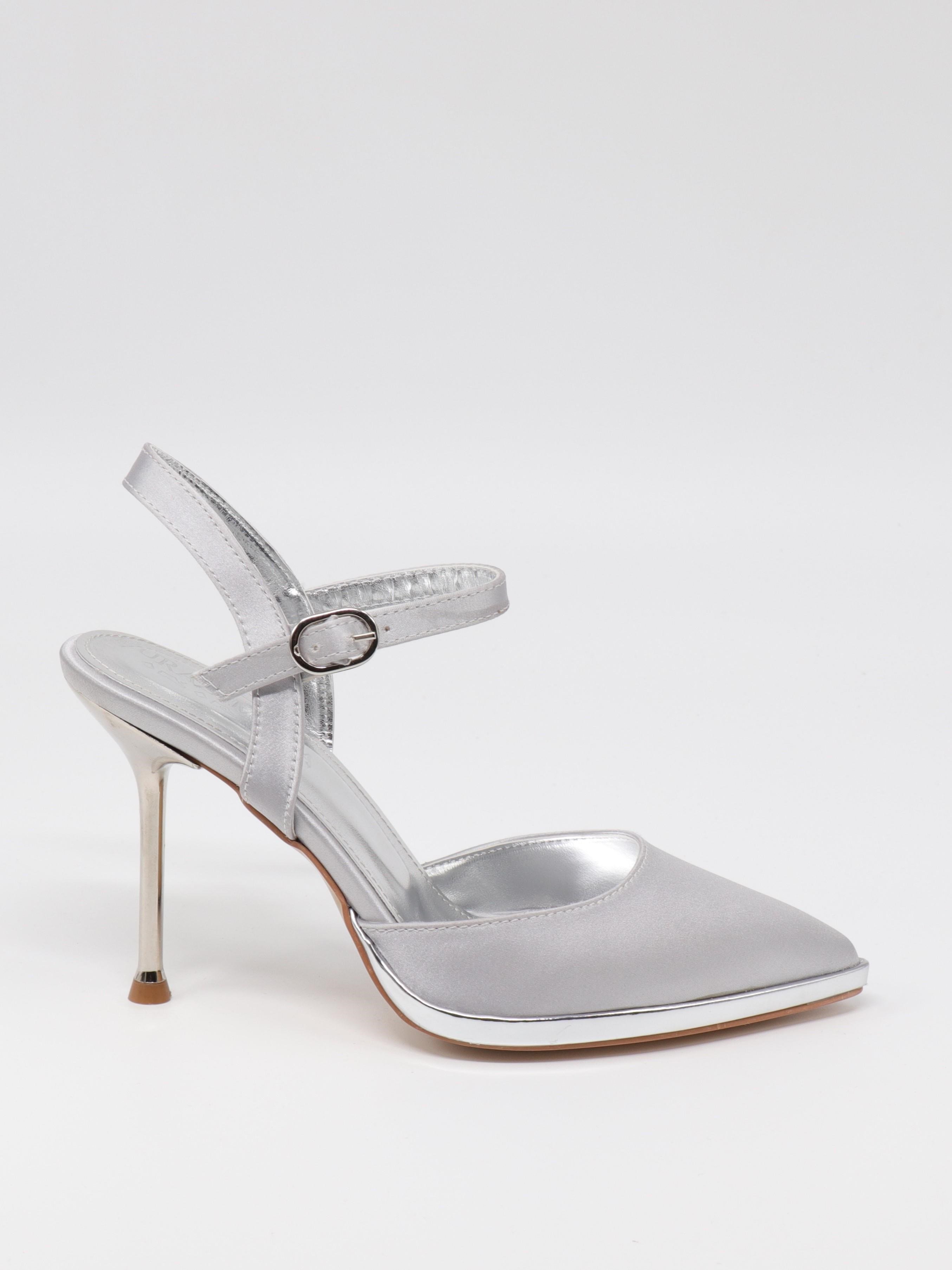 Nesil Shoes Uraz 600 Gümüş Saten Arkası Açık Topuklu Kadın Ayakkabı