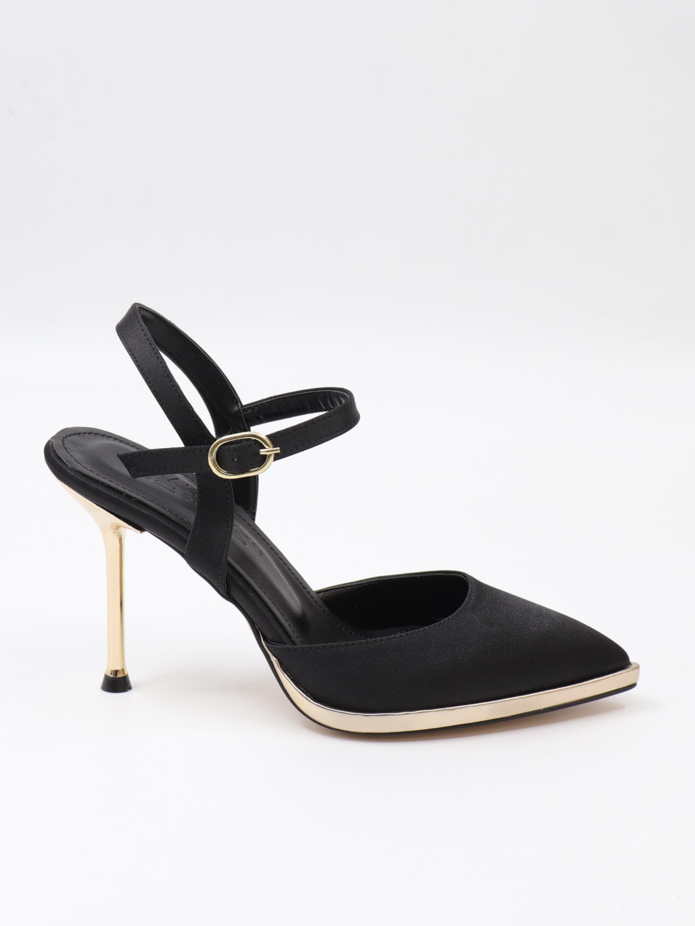 Nesil Shoes Uraz 600 Siyah Saten Altın Topuklu Kadın Sandalet