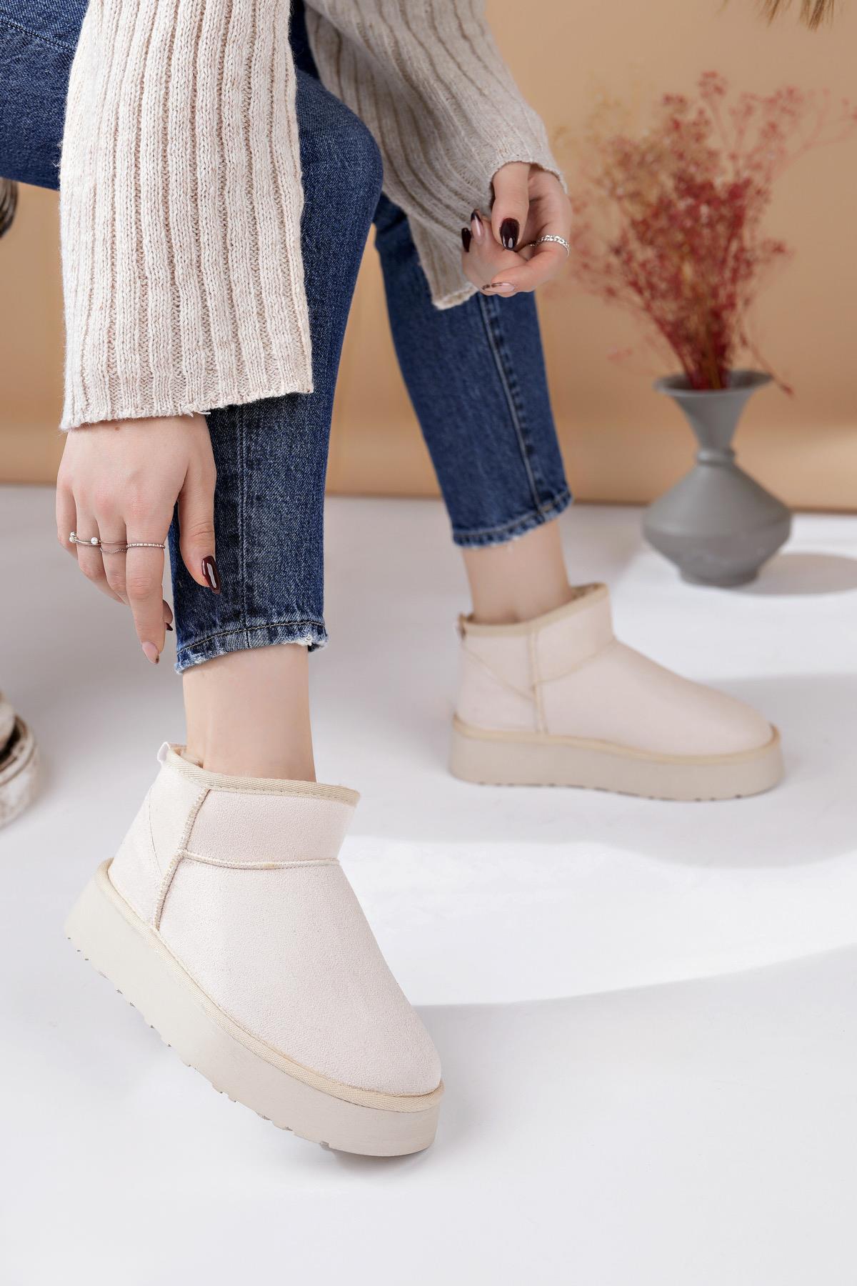 Nesil Shoes Ypr 8391 Bej Süet İçi Kürklü Su İtici Kadın Bot