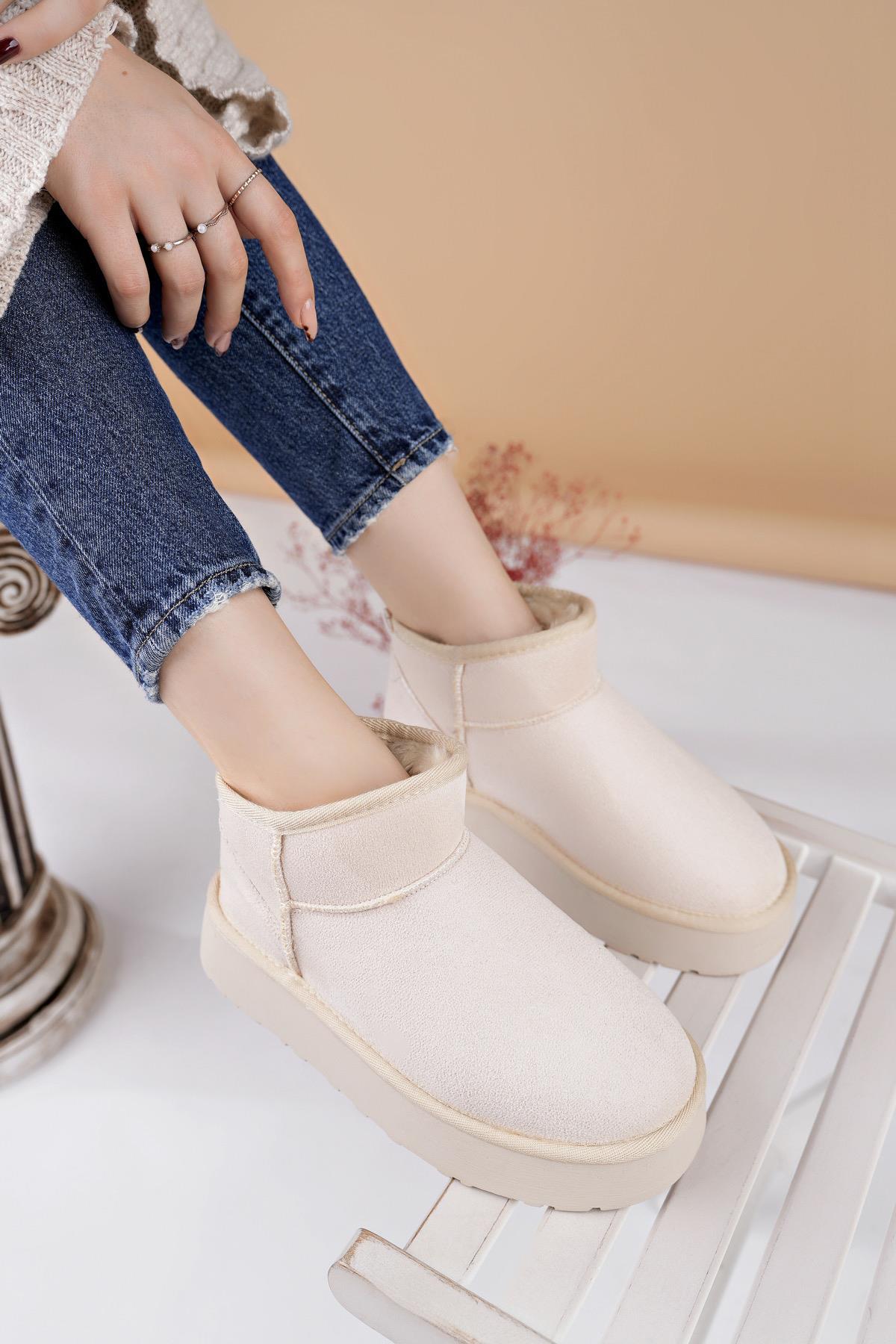 Nesil Shoes Ypr 8391 Bej Süet İçi Kürklü Su İtici Kadın Bot