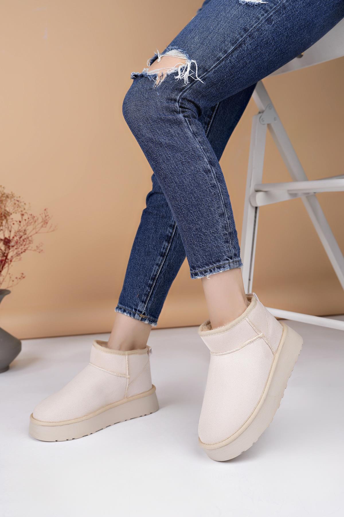 Nesil Shoes Ypr 8391 Bej Süet İçi Kürklü Su İtici Kadın Bot