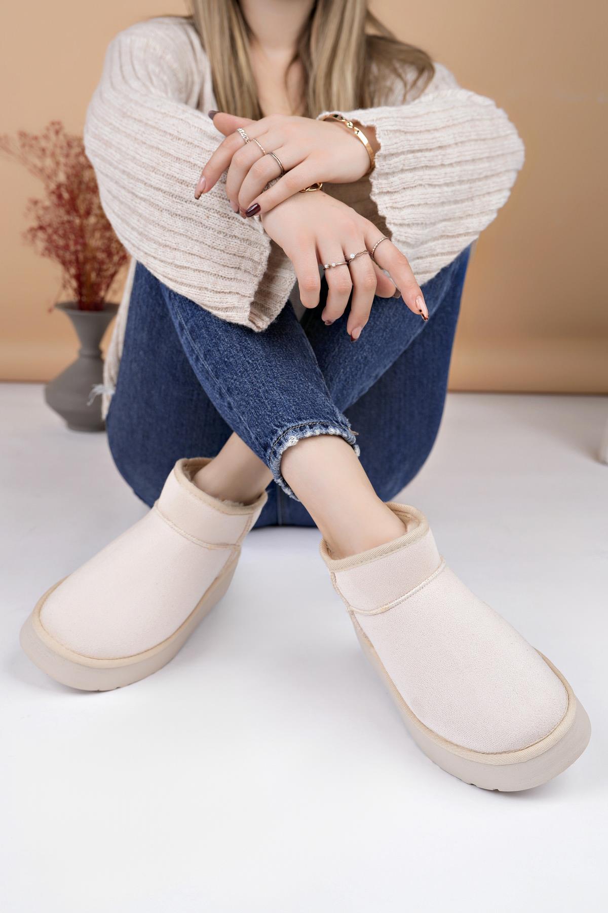 Nesil Shoes Ypr 8391 Bej Süet İçi Kürklü Su İtici Kadın Bot