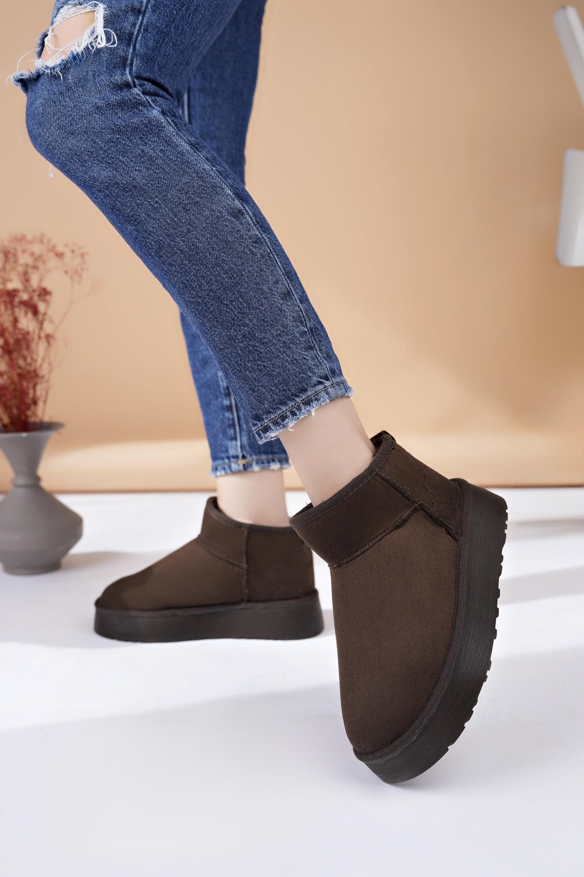 Nesil Shoes Ypr 8391 Kahve Süet İçi Kürklü Su İtici Kadın Bot