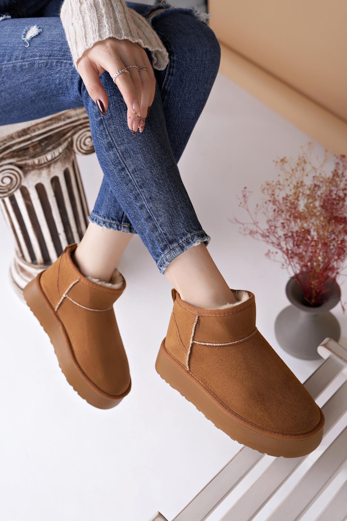 Nesil Shoes Ypr 8391 Taba Süet İçi Kürklü Su İtici Kadın Bot