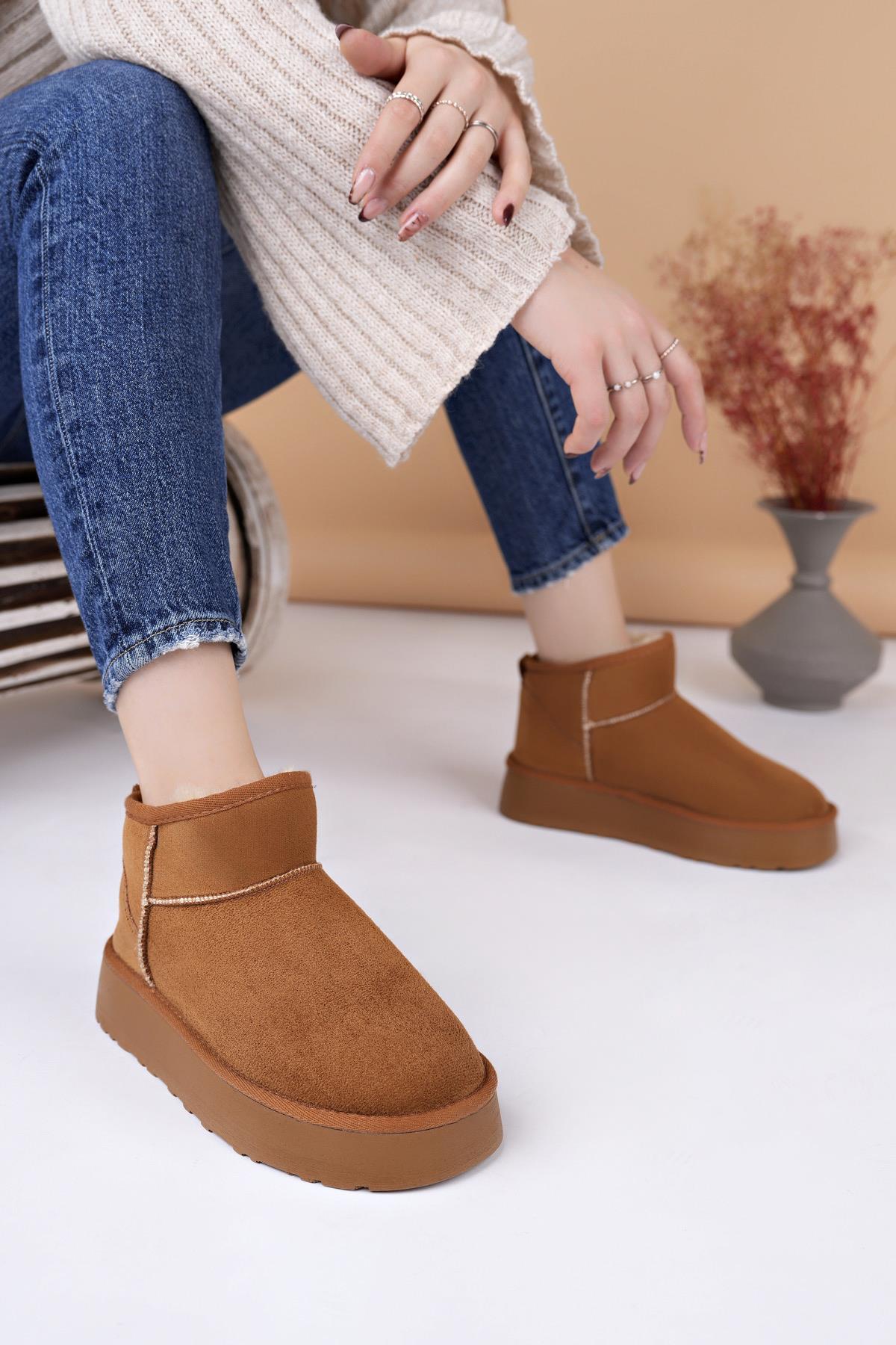 Nesil Shoes Ypr 8391 Taba Süet İçi Kürklü Su İtici Kadın Bot