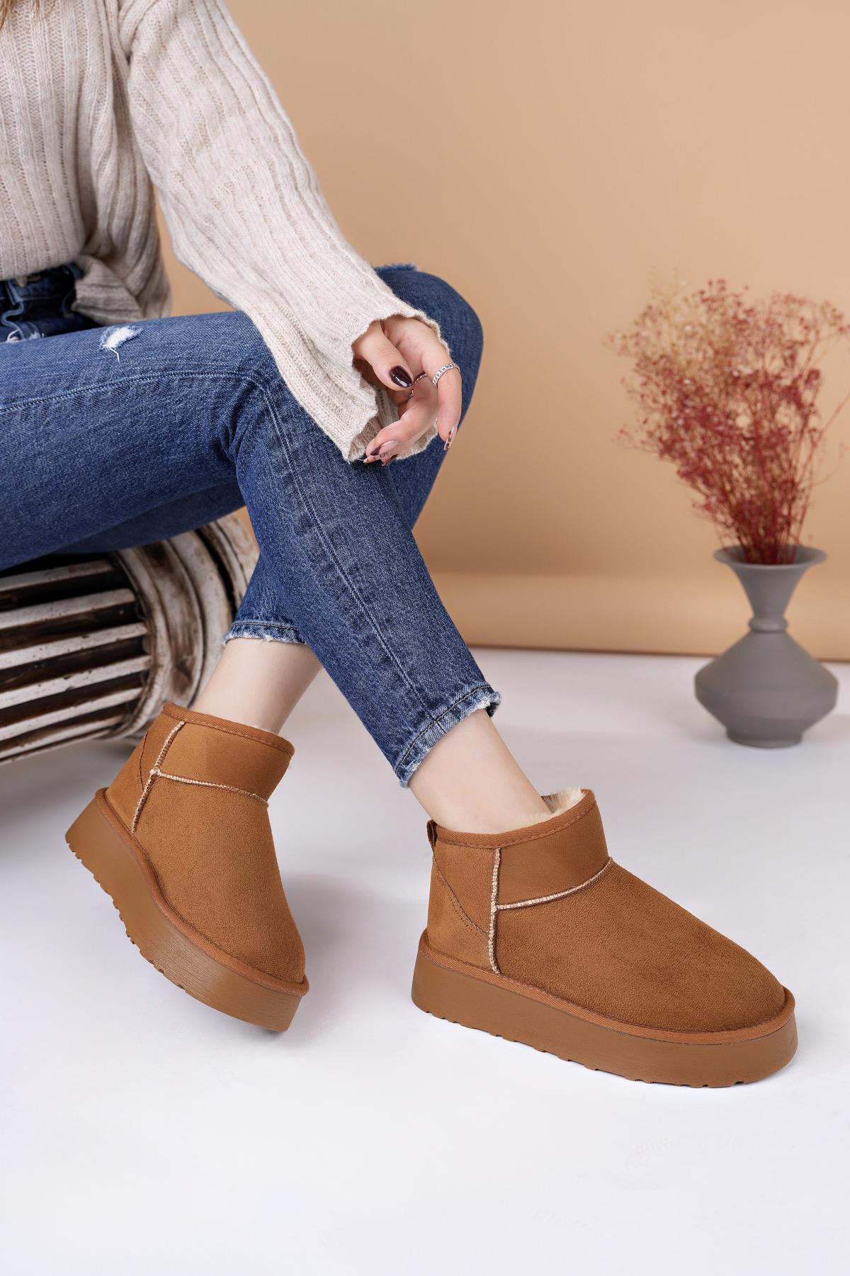 Nesil Shoes Ypr 8391 Taba Süet İçi Kürklü Su İtici Kadın Bot