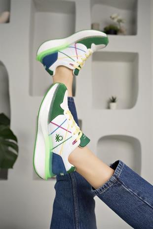 Benetton 10044 Beyaz Yeşil  Memory Foam Kadın Sneakers