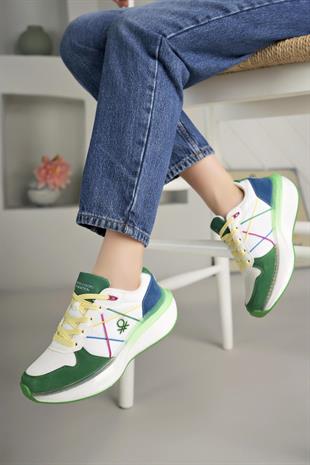 Benetton 10044 Beyaz Yeşil  Memory Foam Kadın Sneakers