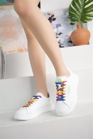Benetton 10061 Beyaz Renkli Bağcıklı Kadın Sneakers