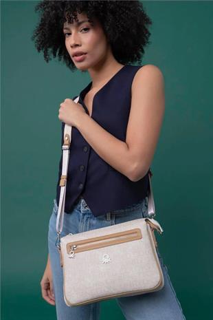 Benetton 1276 Bej A.Camel Baskılı Çarpraz Bayan Çanta