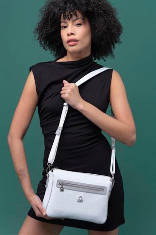 Benetton 1276 Beyaz A.Gri Baskılı Çarpraz Bayan Çanta