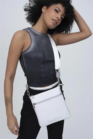 Benetton 1363 Beyaz A.Gri Baskılı Çarpraz Bayan Çanta