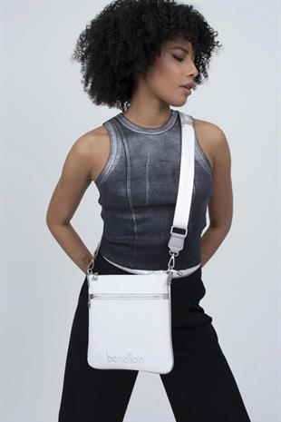 Benetton 1363 Beyaz A.Gri Baskılı Çarpraz Bayan Çanta