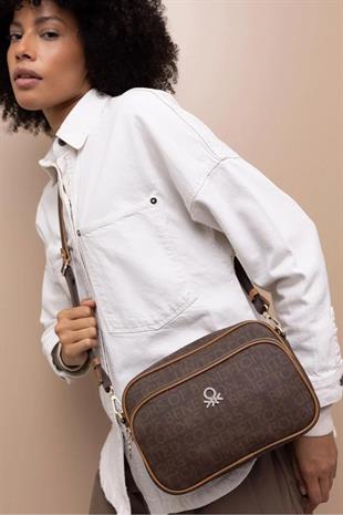 Benetton 1398 Kahve Taba Baskılı Çarpraz Bayan Çanta