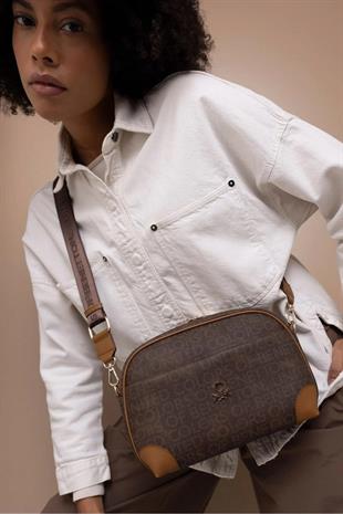 Benetton 1406 Kahve Taba Baskılı Çarpraz Bayan Çanta