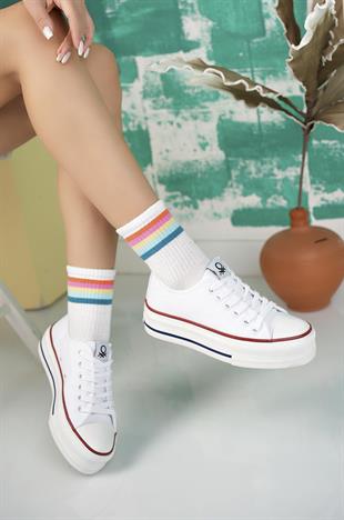 Benetton 30935 Beyaz Kalın Taban Kısa Kadın Sneakers