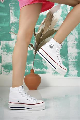 Benetton 30939 Beyaz Kalın Taban Uzun Kadın Sneakers