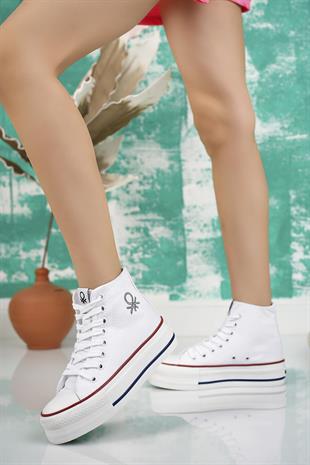 Benetton 30939 Beyaz Kalın Taban Uzun Kadın Sneakers
