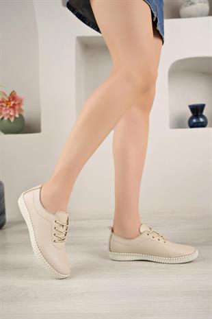 Bordolli 004 Bej Hakiki Deri Dikişli Kadın Ayakkabı