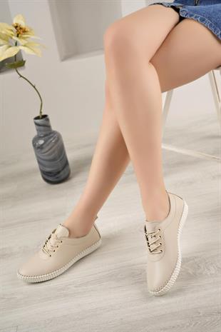 Bordolli 004 Bej Hakiki Deri Dikişli Kadın Ayakkabı