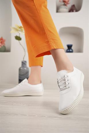 Bordolli 004 Beyaz Hakiki Deri Dikişli Kadın Ayakkabı