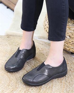 Capella 304 Çelik Siyah Hakiki Deri Günlük Kadın Yürüyüş Ayakkabı