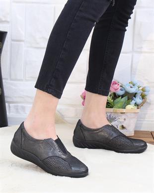 Capella 304 Çelik Siyah Hakiki Deri Günlük Kadın Yürüyüş Ayakkabı